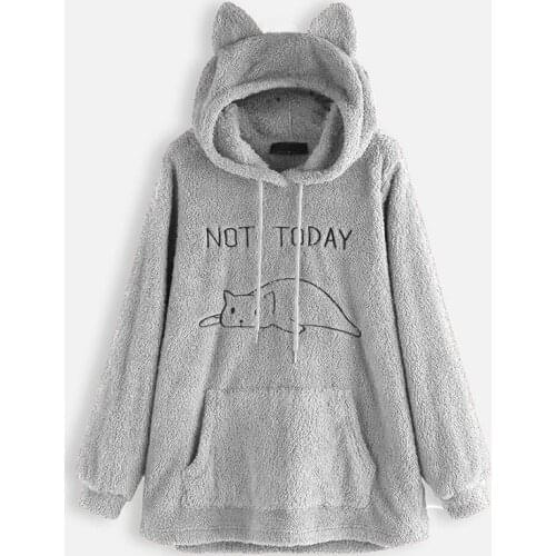 Casual Kat Oor Hooded Truien Vrouwen Hoodies Polyester Jas Met Pocket 2021 Herfst Winter Nieuwe Dubbelzijdige Pluche Lange mouw
