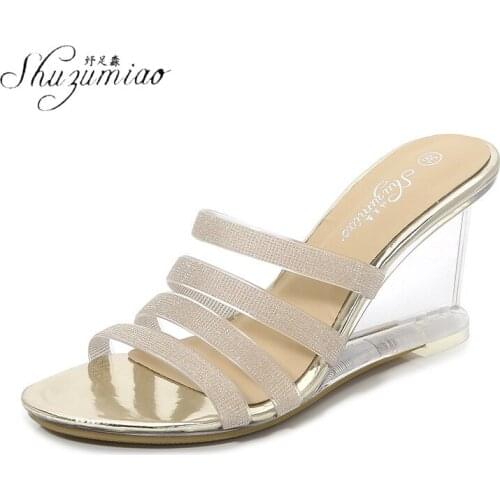 SHUZUMIAO 2021 Newly Arrived Wedge Slippers Sexy Crystal Transparent High Heels PVC Slippers Fashion Shoes Sandals Ladies Slides