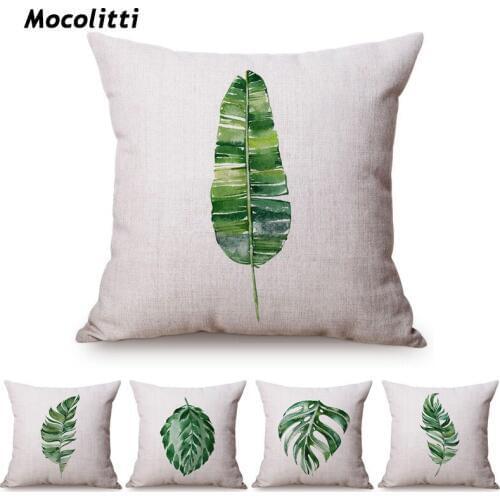 Green Plants Southeast Asia Tropical Leaves Watercolor Art Sofa Decoration Throw Pillow Case Banana Leaf Linen Car Cushion Cover