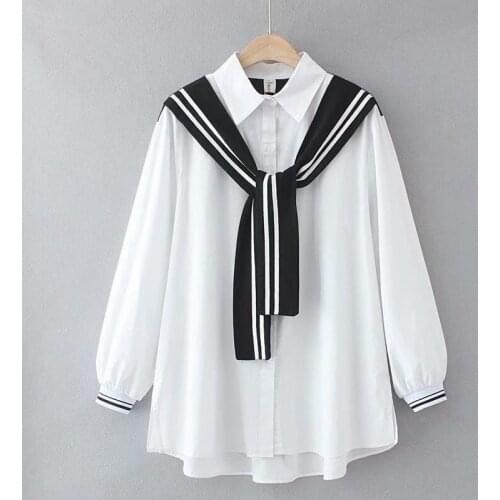 White Blouse Womens 2021 Casual Shirts Vintage Tops Long Sleeve Shirt Ladies With Spliced Striped Camisas Mujer
