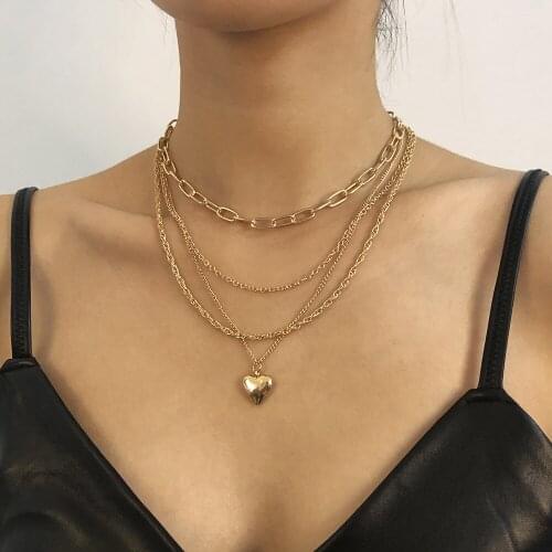 MAA-OE New Vintage Gold Punk Smooth Heart Pendant Thick Chains Necklaces For Women Fashion Multilevel Female Chain Jewelry Gift