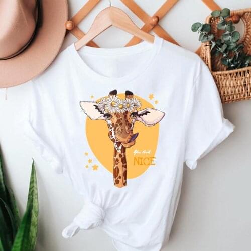 Women Summer Tshirts Giraffe Cartoon Lady Print Female Tee T-Shirt Casual Clothing Short Sleeve Clothes Graphic T Top
