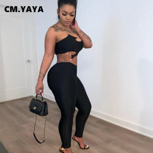 CM.YAYA Women Jumpsuit Solid Skinny Elastic Sleeveless Low Waist Transparent Spaghetti Strap Hollow Out Jumpsuits Summer Outfits