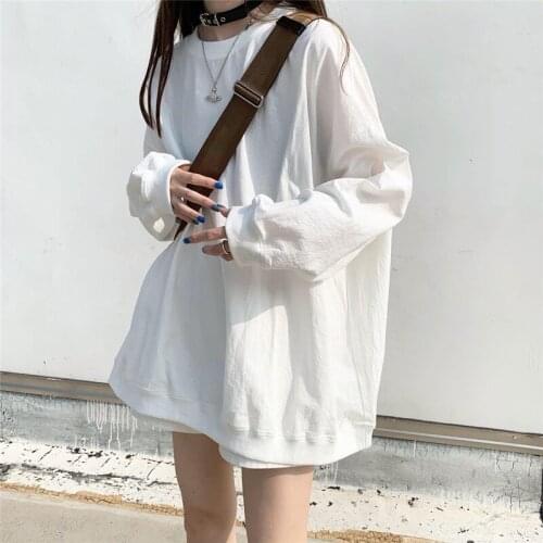2021 Summer Autumn O-Neck Pullover Women Long Sleeve Korean Loose Clothes Oversized Solid Sweatshirt Harajuku Hoodie White Black