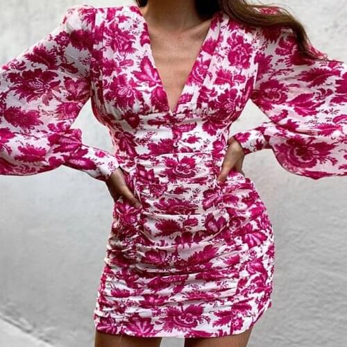 2021 autumnWomen Sexy Deep V Neck Floral Print Long Lantern Sleeve Ruched Dress fashionElegant Female Bodycon Party Dress