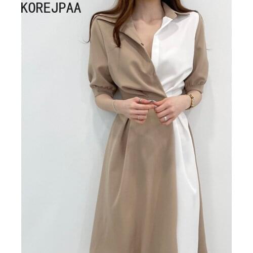 Korejpaa Women Dress 2021 Summer Korean Fashion Elegant Commut Lapel Design Contrast Stitching One Button Short Sleeve Dresses