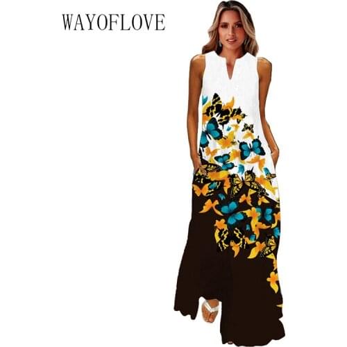 WAYOFLOVE Fashion Butterfly Printed Dress 2021 Beach Casual Plus Size Long Dresses Summer Woman Sleeveless Girl Maxi Dress Women