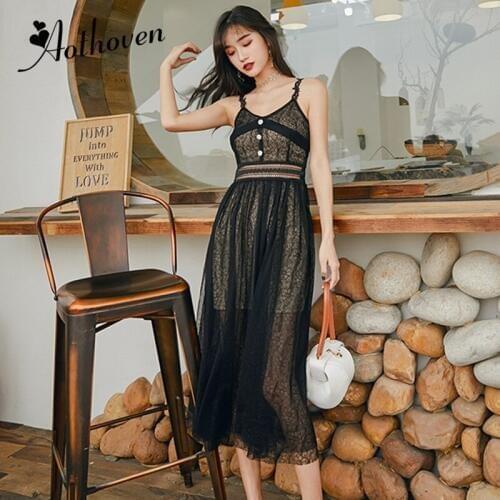 2019 Summer Vintage Elegant Lace Dress Women Black Slim V-neck Spaghetti Strap Maxi Dress Sexy Vestidos Office Party Dresses