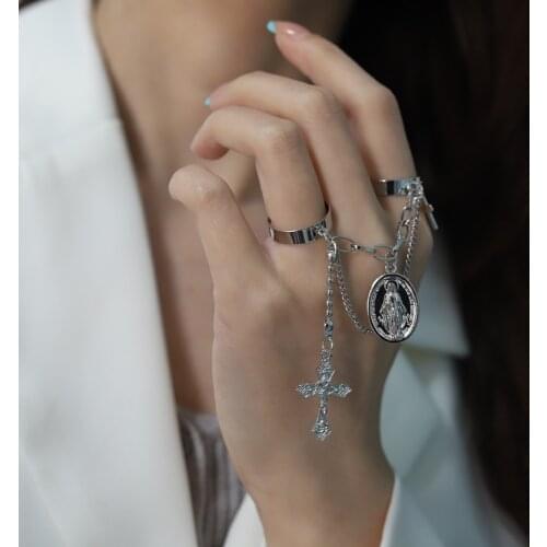 2021 Silver Color Plated Retro Punk Hip-Hop Cross Ring Hand Finger Chain Adjustable Rings Jewelry Gift for Men Women Unisex Ring