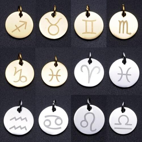 5pcs/lot Gold and Steel Color 12 Constellation Zodiac Sign diy Charms 100% Stainless Steel Charm Never Rust for Necklace Charm