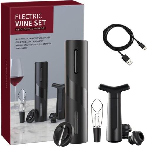 6 in 1 Bottle Opener USB Rechargeable Electric Wine Opener Gift Set for Wine Opening Pouring Aerating and Preserving Kitchenware