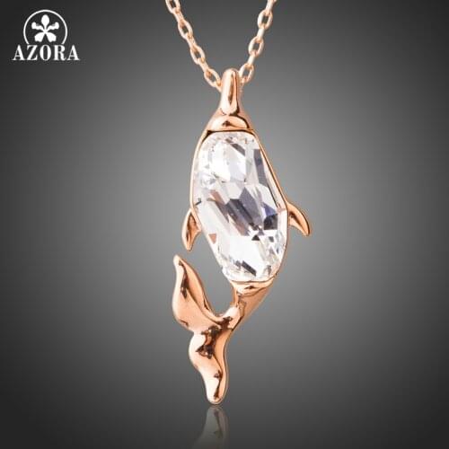 AZORA Brand Rose Gold Color Pendant Necklace Clear Austrian Crystal for Women Fish Shape Jewelry Luxury Chain Necklace TN0213