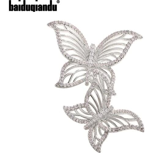 Baiduqiandu Cubic Zirconia Double Butterfly Brooches Pins For Women 3-Color Classic Insect Weddings Office Collar Pins Gifts