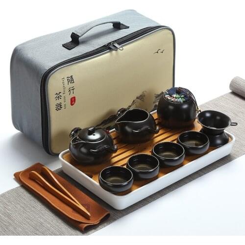 Portable Travel Tea Set,Handmade Kungfu Tea Set,Porcelain Teapot,Teacups,Bamboo Tea Tray with a Portable Travel Bag,Black