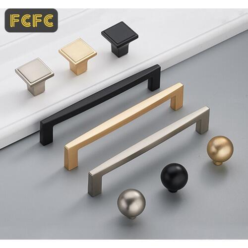FCFC Brushed Gold Cabinet Door Handles Solid Brass Pulls Knobs Kitchen Cupboard Pulls Drawer Knobs Furniture Handles Hardware