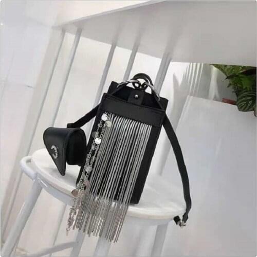 Personality Chain Phone Bag Fashion Designer Tassel Sequins Beads Messenger Bags PU Leather Phone Purse Coin Rock Party Bags