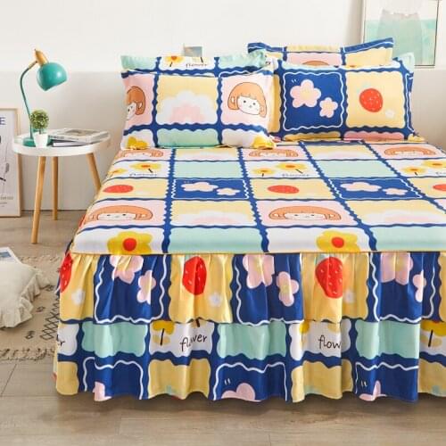 3pc Set Cartoons Print Ruffle Bed Skirt Pillowcase Bedspread Mattress Cover No Fading No Shrinkage No Pilling Full Queen King#sw