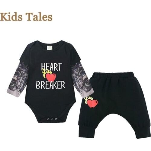 2Pcs Infant Newborn Baby Boy Clothes Outfit Set letter Cotton black Romper tattoo long sleeve + heart Long Pants Set 6-24M PT126