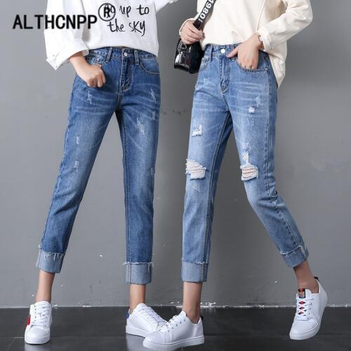 Korean Fashion High Waist Straight Blue Jeans Woman Ankle-length Pants Ripped Jeans Women Push Up Boyfriend Jean Femme vaqueros