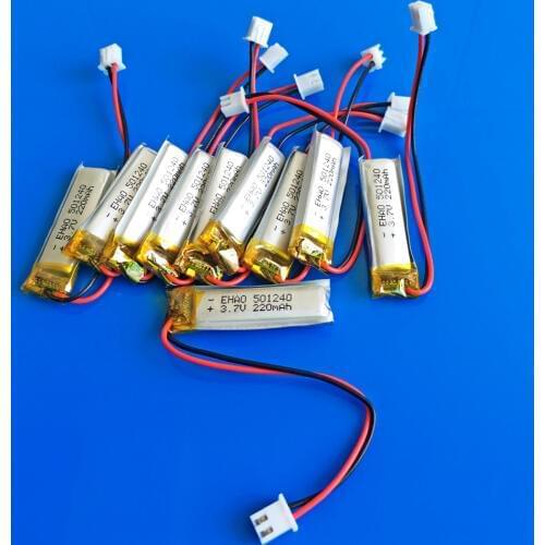 Lot 10pcs 501240 JST 2.5mm 3.7V 220mAh lithium polymer li ion rechargeable battery Lipo for MP3 GPS bluetooth headset video pen