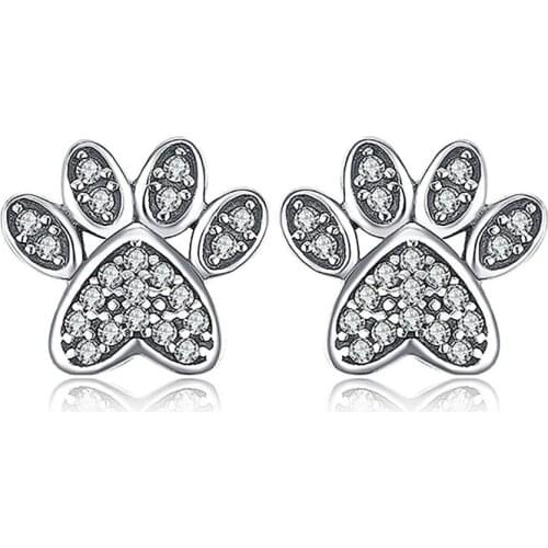 Cute Female White Crystal Stone Earrings Charm Silver Color Wedding Earrings Small Cat Paw Stud Earrings For Women