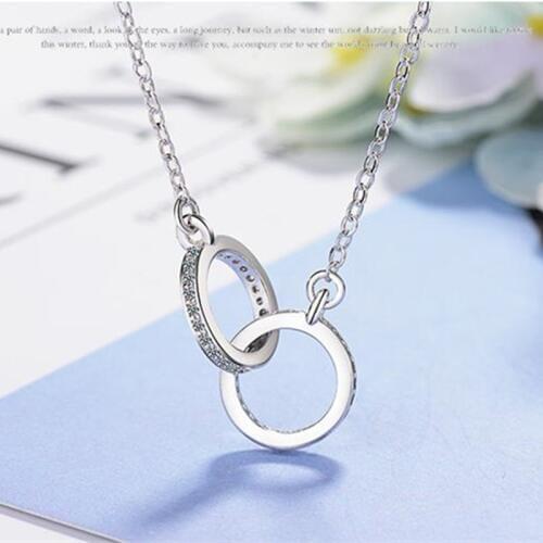 TJP Trendy Double Rings 925 Sterling Silver Pendants Necklace Gold Rose Crystal CZ Women Wedding Anniversary Party Jewelry