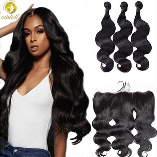 Mishell 30 32 34 40 Inch 10 A Body Wave Bundles and Lace Frontal Cheap Human Hair Bundles with Frontal 3 Bundles with Closure