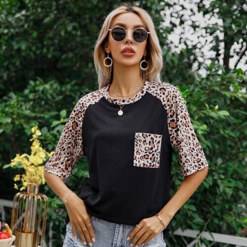 2021 European and American new leopard print stitching round neck short-sleeved T-shirt womens top