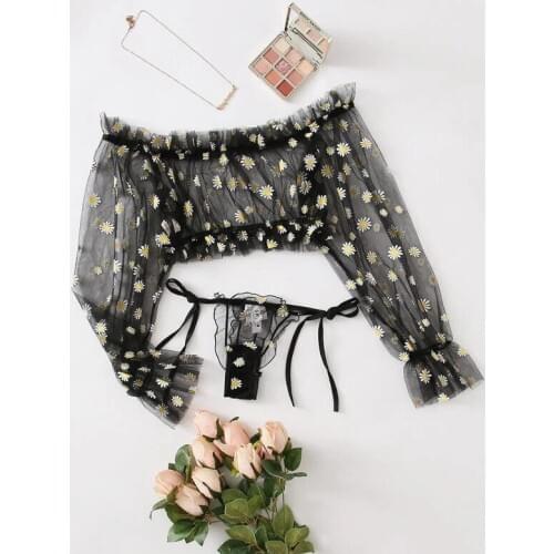 New Cute Daisy Embroidery Lingerie set Bra set Womens Underwear Off-Shoulder Bralette Top+Shorts Transparent Mesh Sexy Lingerie
