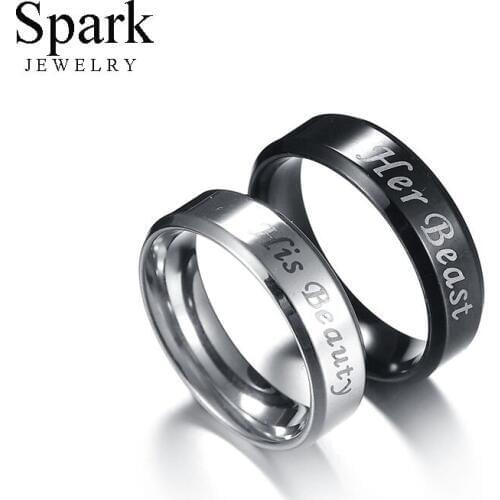 Spark Her Beast His Beauty Letter Engraved Couple Rings Stainless Steel Wedding Promise Band Ring For Women Men Engagement Gifts