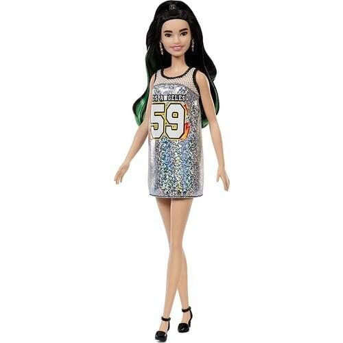 Barbie Fashionistas Charming Party Dolls-Black Long Hair for Barbie Doll And Shiny Short Dress-Gold Color Earring