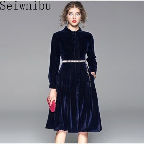 OL Lapel Thick Velvet Blue Office Dress Elegant Women Long Sleeve Winter Dresses Moda Mujer 2019 Midi Party Dress