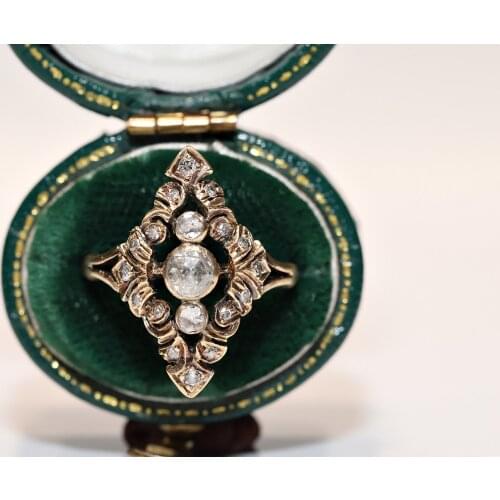 Antique Navette Original Ottoman 14k Gold Natural Rose Cut Diamond And Diamond Decorated Perfect Ring