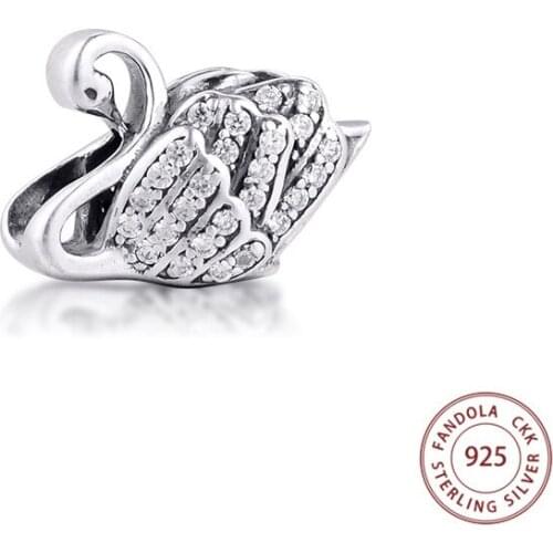 Authentic 925 Sterling Silver Clear CZ Majestic Swan Beads Charms for Jewelry Making Fits Original Charm Bracelet DIY Jewellery