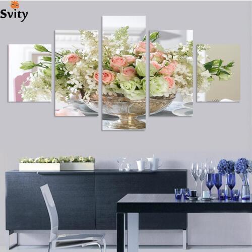 Direct factory price!Modern wall art decor 5 pieces white pink rose flower picture print dinning room wall paintings canvas