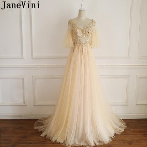 JaneVini Luxury Champagne Sequins Half Sleeve Prom Dresses V Neck Bling Beaded Crystal Arabic Girls Wedding Party Gowns Formal