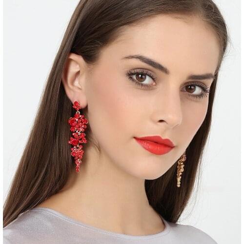 Luxury Gold RED Black Crystal Wedding Long Earrings Floral Shape Chandelier Rhinestone Earrings for Women Brides Bridesmaid