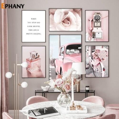 Pink Vintage Perfume Telephone Canvas Painting Car Flower Rose Reed Door Nordic Posters and Prints Apartment Wall Pictures