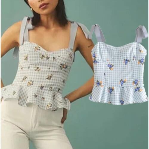 Jenny&Dave Shirt Women Short France Romantic Vintage Indie Folk Plaid Floral Sexy Tank Blouse Women Blusas Mujer De Moda Tops