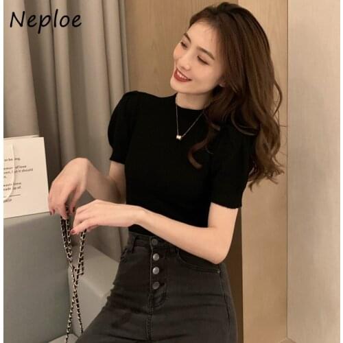 Neploe Knitted Sweater Women Summer 2021 Solid O Neck Short Puff Sleeve Stretch Sweaters Loose Casual Ladies Tops 1A1013