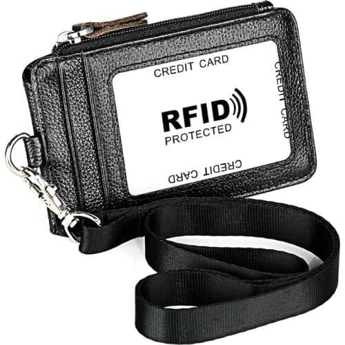 THINKTHENDO 2020 Portable Genuine Leather RFID Blocking Business ID Card Credit Holder Lanyard Purse Wallet