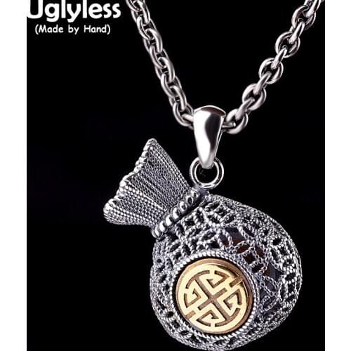 Uglyless China Dynasty Old Money Coins Pendants for Men Filigreed Money Bag Necklaces NO Chains 925 Thai Silver Vintage Jewelry