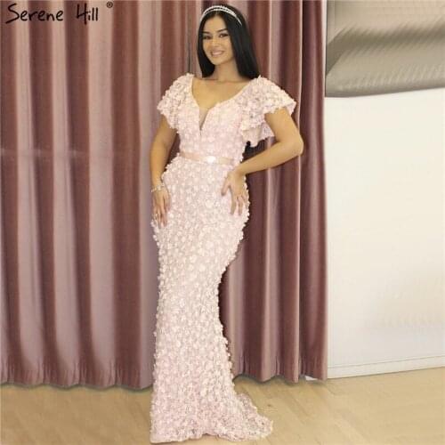 Serene Hill Sexy Mermaid Short Sleeves Luxury Evening Dress Flowers Lace Pearls Fashion Elegant Formal Party Gown 2020 CLA6311