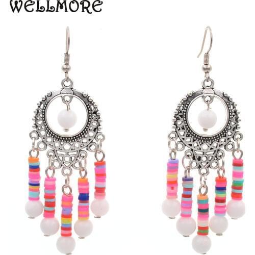 WELLMORE new colorful Polymer clay with stone beads drop earrings for women jewelry wholesale