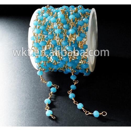 WT-RBC008 Fashion blue stone rosary chain with ball bead Aqua Chalcedony Beaded Chain
