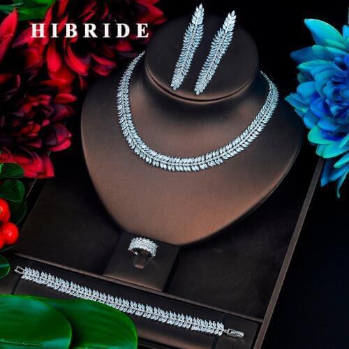 HIBRIDE Sparkling Full Cubic Zircon Jewelry Set Leaf Shape Long Tassel Dangle Brincos Necklace Set Dress Accessories N-638