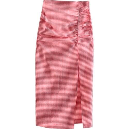 Straight Plaid Skirt Women Casual Zipper High Waist Ruched Split Skirts 2021 Y2K Summer Sexy Fashion Printed Skirt Streetwear