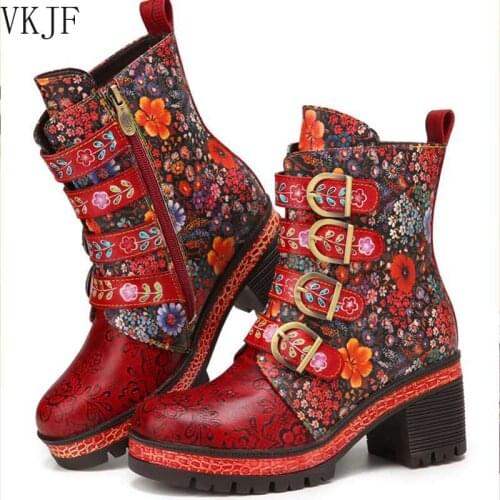 2021 new Women Boots Leather Retro Style Floral Metal Buckle Warm Flannel Platform Ankle Boots Shoes 2021 Winter