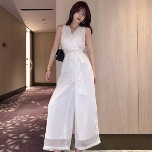 2 Piece Set 2020 Summer Chiffon Women Suit Elegant Party V Neck Sashes Short Tops and Long Wide Leg Pants Set Two Piece Suit