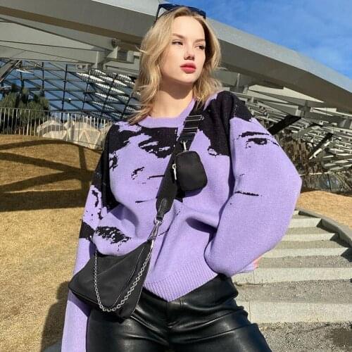 Casual Purple Print Loose Patchwork Female Sweater Long Sleeve Streetwear White Women Tops Autumn Winter Knitted Clothes 2021